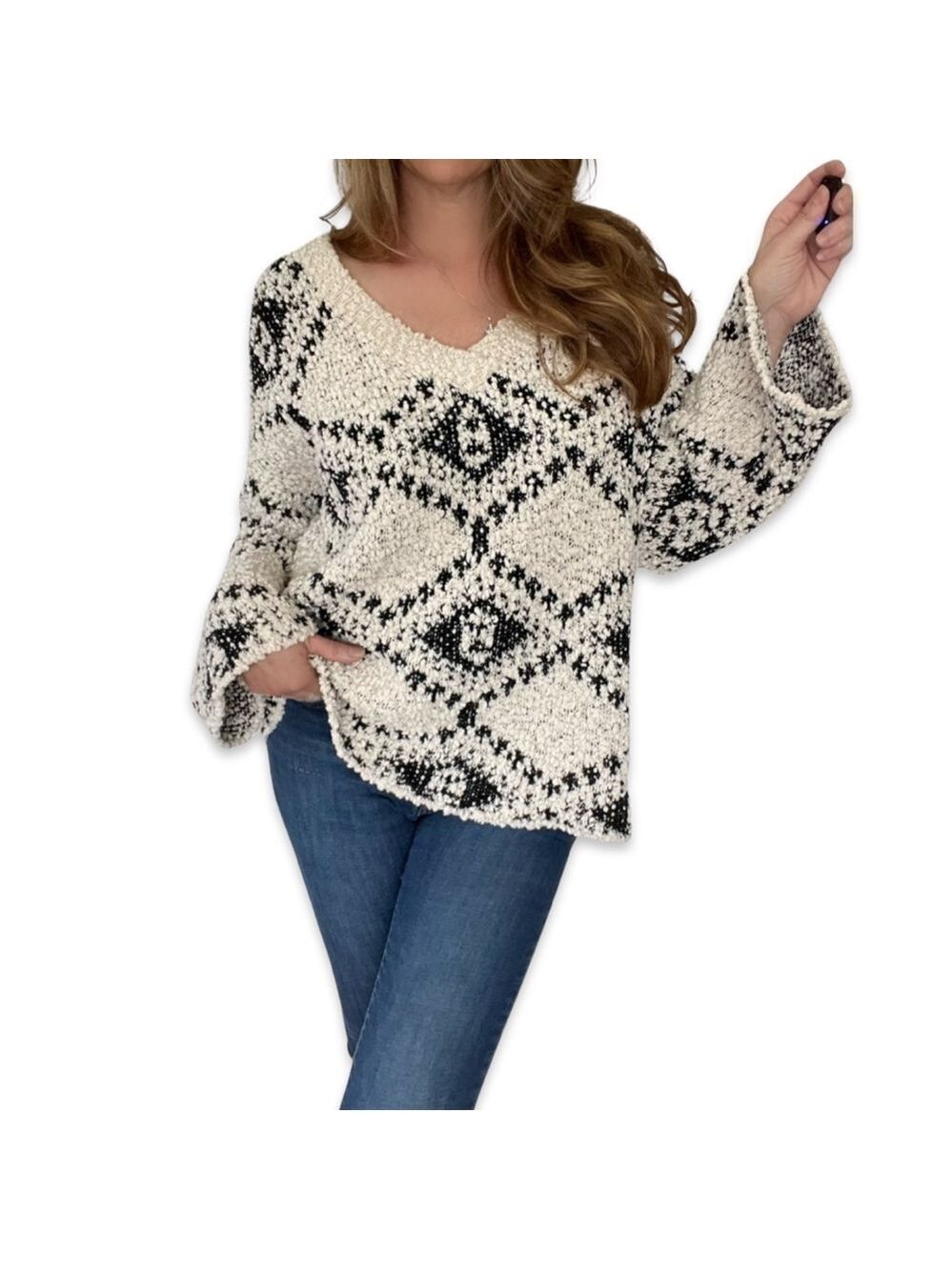 Knit oversized Pullover Sweater Long Sleeve V-Neck Popcorn